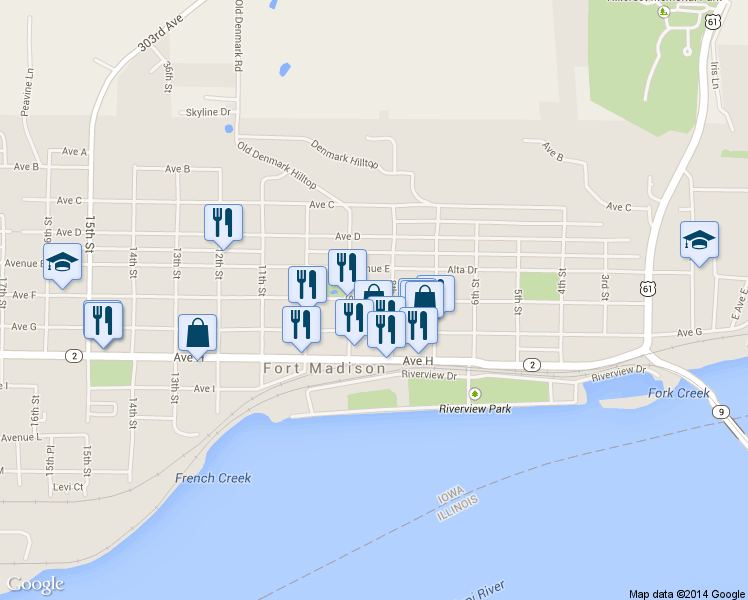 map of restaurants, bars, coffee shops, grocery stores, and more near 818 Ave F in Fort Madison
