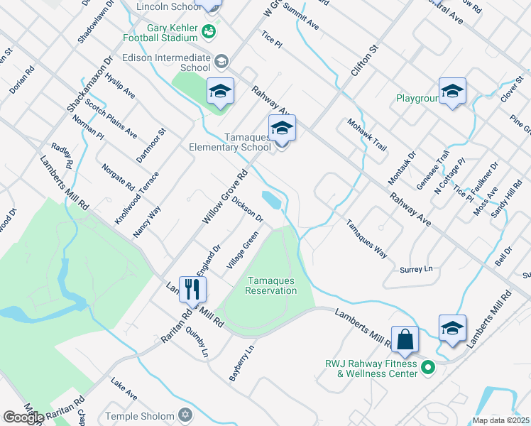 map of restaurants, bars, coffee shops, grocery stores, and more near 105 Dickson Drive in Westfield