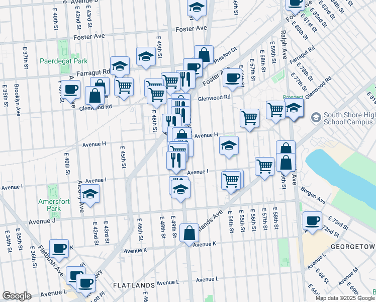 map of restaurants, bars, coffee shops, grocery stores, and more near 1186 East 51st Street in Brooklyn