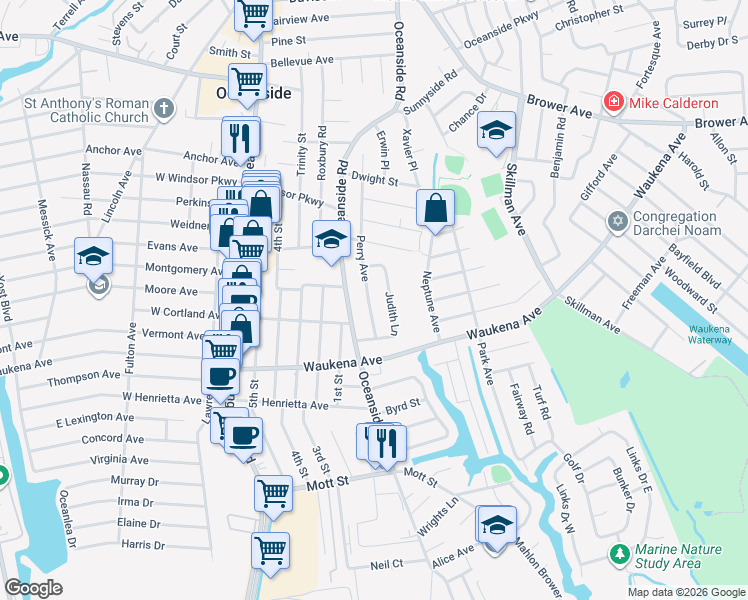 map of restaurants, bars, coffee shops, grocery stores, and more near 3253 Perry Avenue in Oceanside