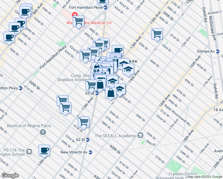 map of restaurants, bars, coffee shops, grocery stores, and more near 1346 53rd Street in Brooklyn