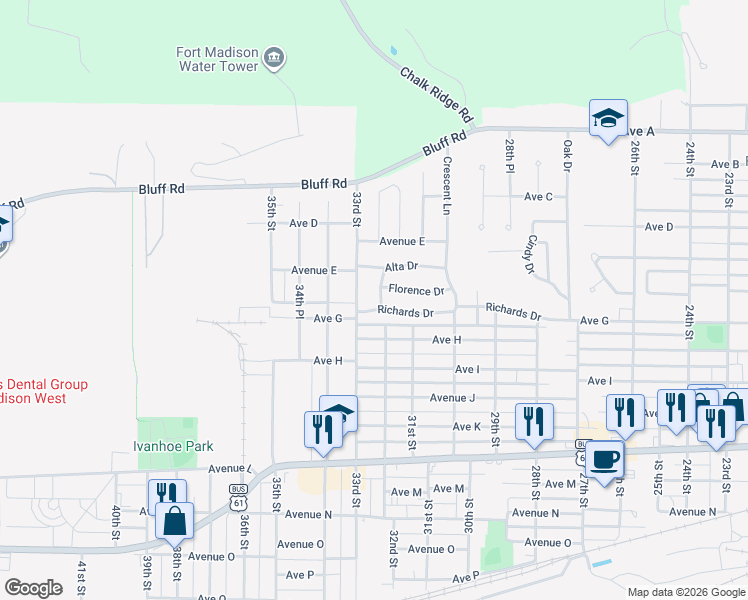 map of restaurants, bars, coffee shops, grocery stores, and more near 9 Sunset Lane in Fort Madison