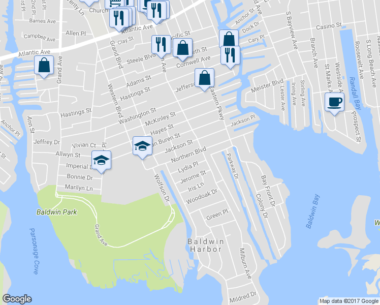 map of restaurants, bars, coffee shops, grocery stores, and more near 987 Northern Boulevard in Baldwin