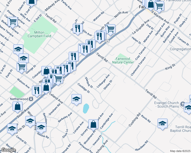 map of restaurants, bars, coffee shops, grocery stores, and more near 1422 Jean Terrace in Plainfield