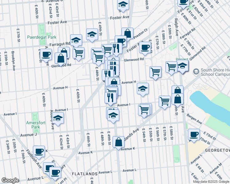 map of restaurants, bars, coffee shops, grocery stores, and more near 1186 East 51st Street in Brooklyn
