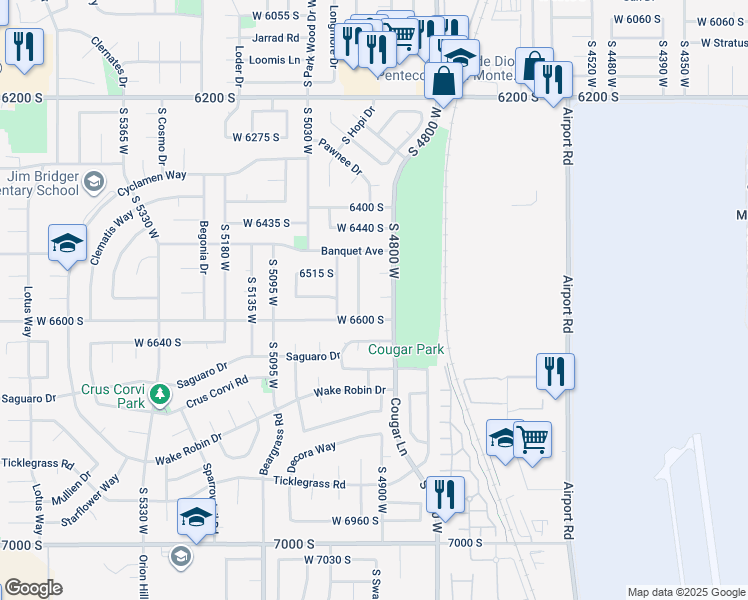 map of restaurants, bars, coffee shops, grocery stores, and more near 4909 Sakura Court in West Jordan