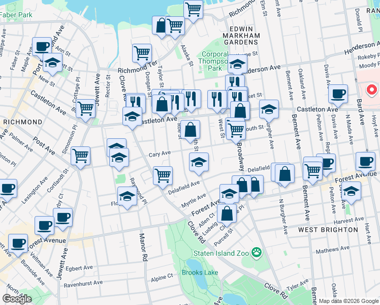 map of restaurants, bars, coffee shops, grocery stores, and more near 572 Cary Avenue in Staten Island