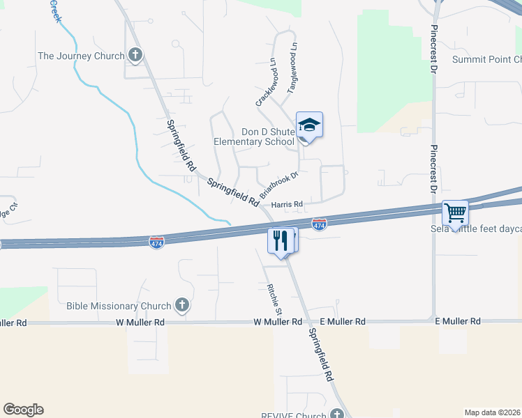 map of restaurants, bars, coffee shops, grocery stores, and more near 106 Harris Road in East Peoria