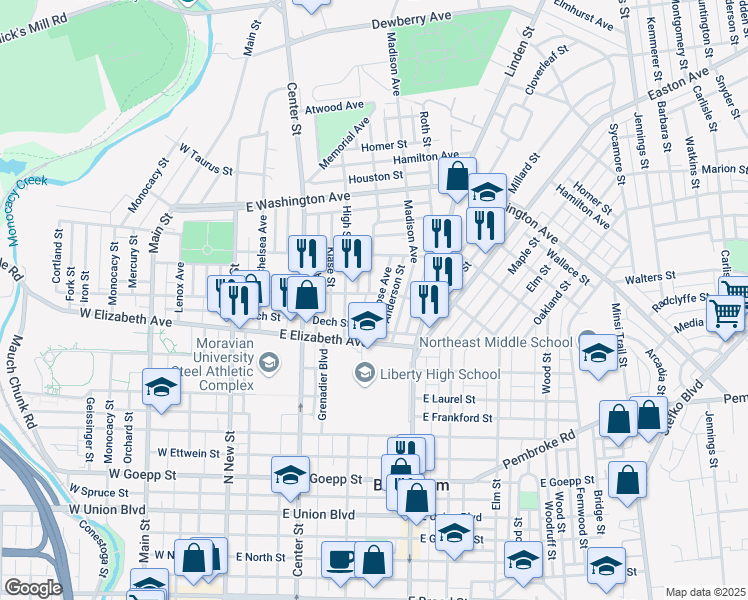 map of restaurants, bars, coffee shops, grocery stores, and more near 1343 Montrose Avenue in Bethlehem