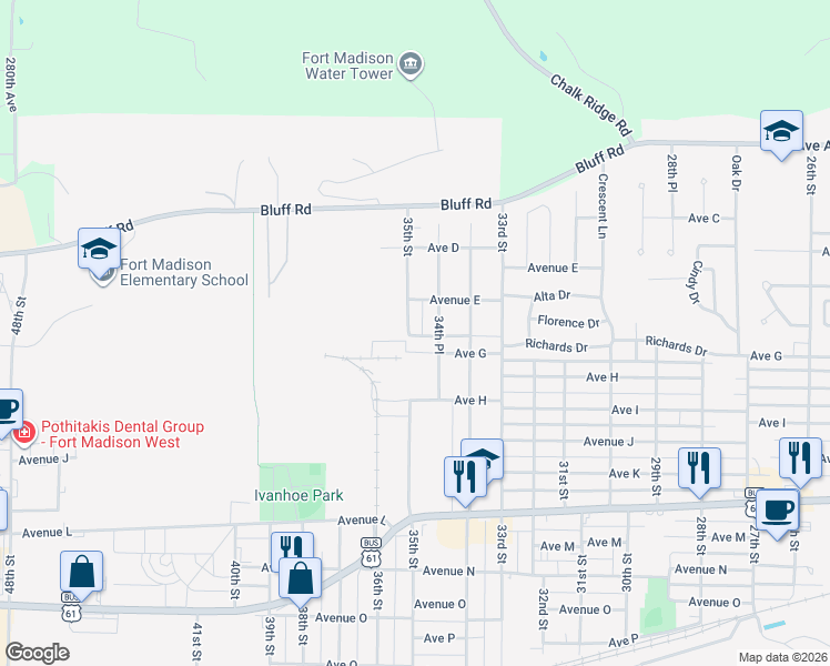 map of restaurants, bars, coffee shops, grocery stores, and more near 628 35th Street in Fort Madison