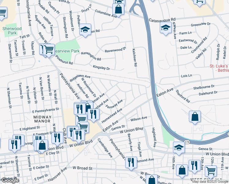 map of restaurants, bars, coffee shops, grocery stores, and more near 1912 Fairland Avenue in Bethlehem