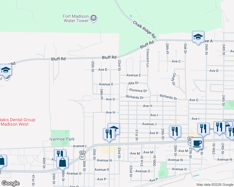 map of restaurants, bars, coffee shops, grocery stores, and more near 515 33rd St in Fort Madison