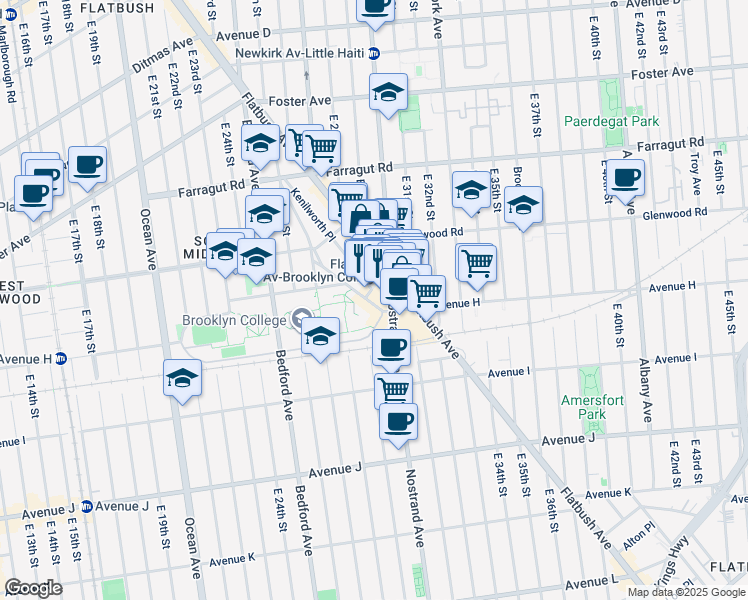 map of restaurants, bars, coffee shops, grocery stores, and more near 2901 Campus Road in Brooklyn