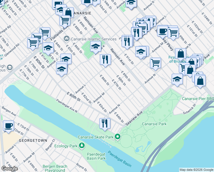 map of restaurants, bars, coffee shops, grocery stores, and more near 1268 East 86th Street in Brooklyn