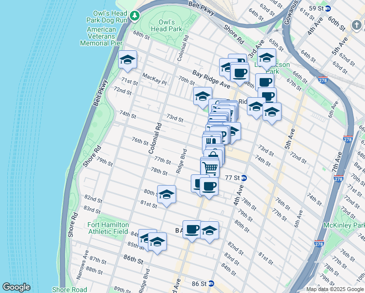 map of restaurants, bars, coffee shops, grocery stores, and more near 7502 Ridge Boulevard in Brooklyn