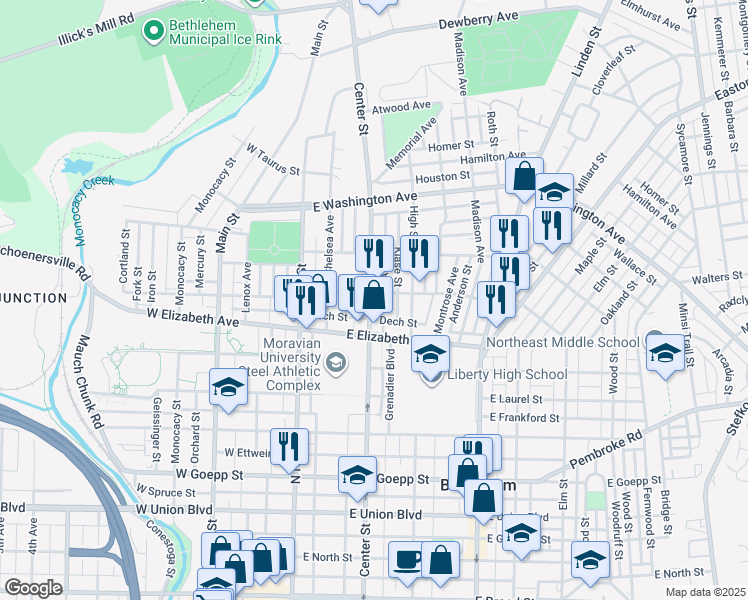 map of restaurants, bars, coffee shops, grocery stores, and more near 1342 Center Street in Bethlehem