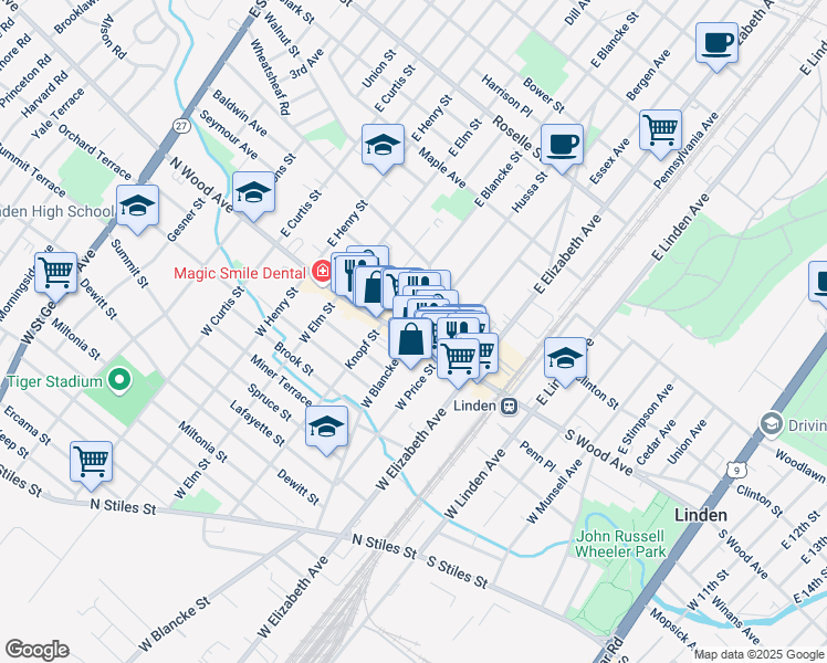 map of restaurants, bars, coffee shops, grocery stores, and more near 300 North Wood Avenue in Linden