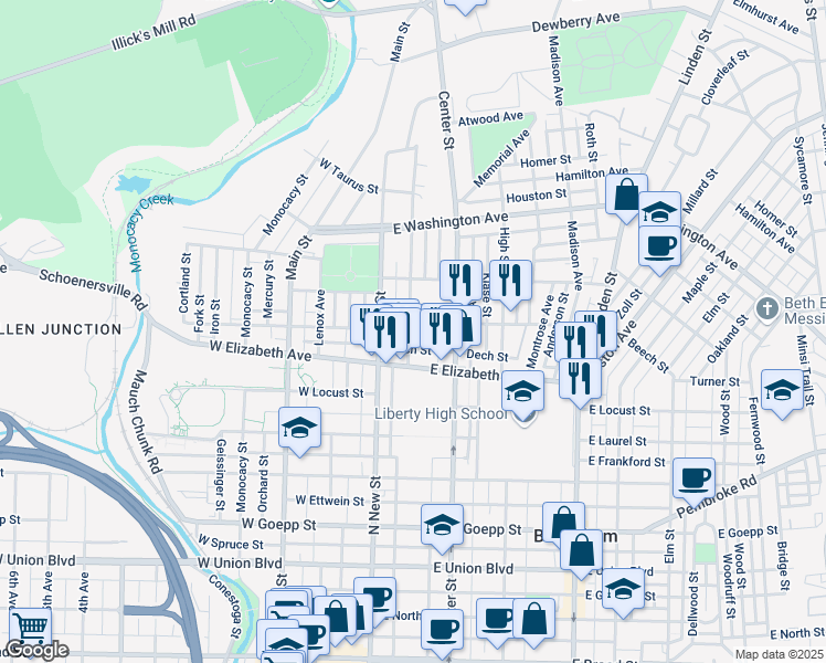 map of restaurants, bars, coffee shops, grocery stores, and more near 1326 Chelsea Avenue in Bethlehem
