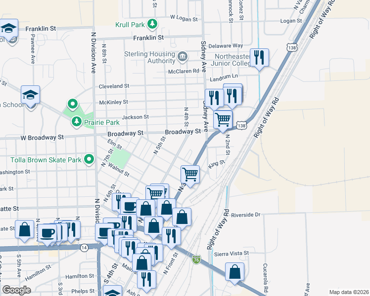map of restaurants, bars, coffee shops, grocery stores, and more near 714 North 4th Street in Sterling