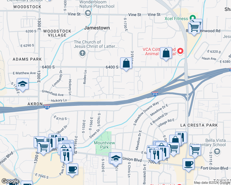 map of restaurants, bars, coffee shops, grocery stores, and more near 1706 East 6485 South in Murray