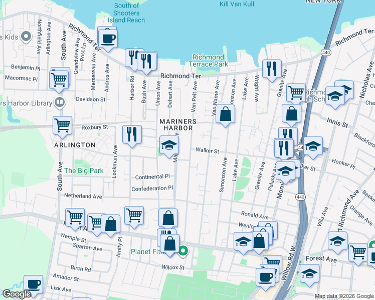map of restaurants, bars, coffee shops, grocery stores, and more near 172 Van Pelt Avenue in Staten Island