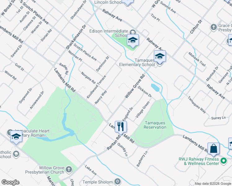 map of restaurants, bars, coffee shops, grocery stores, and more near 25 Bates Way in Westfield