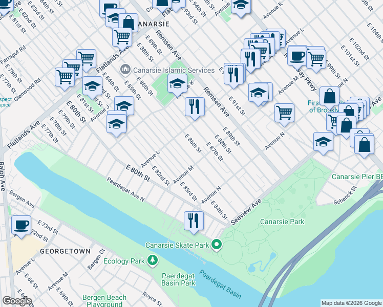 map of restaurants, bars, coffee shops, grocery stores, and more near 1268 East 86th Street in Brooklyn