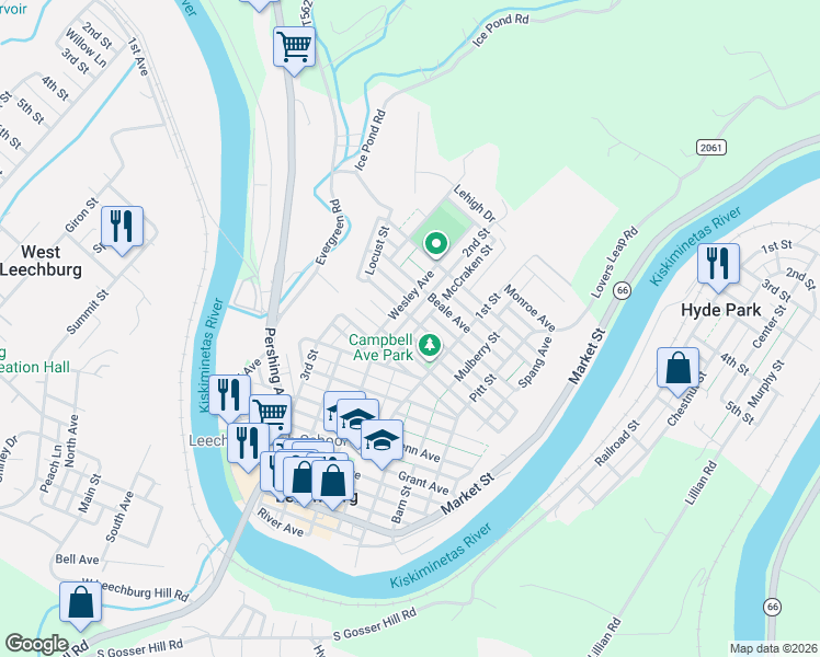 map of restaurants, bars, coffee shops, grocery stores, and more near 474 2nd Street in Leechburg