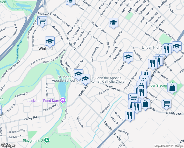 map of restaurants, bars, coffee shops, grocery stores, and more near 1827 North Stiles Street in Linden