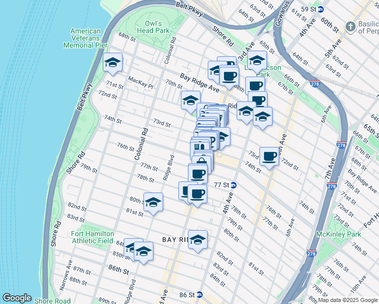 map of restaurants, bars, coffee shops, grocery stores, and more near 223 Bay Ridge Parkway in Brooklyn