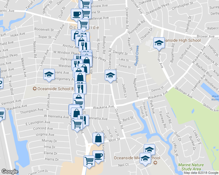 map of restaurants, bars, coffee shops, grocery stores, and more near 3292 Oceanside Road in Oceanside
