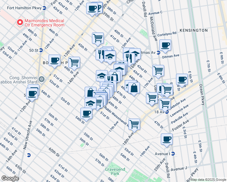 map of restaurants, bars, coffee shops, grocery stores, and more near 4705 16th Avenue in Brooklyn