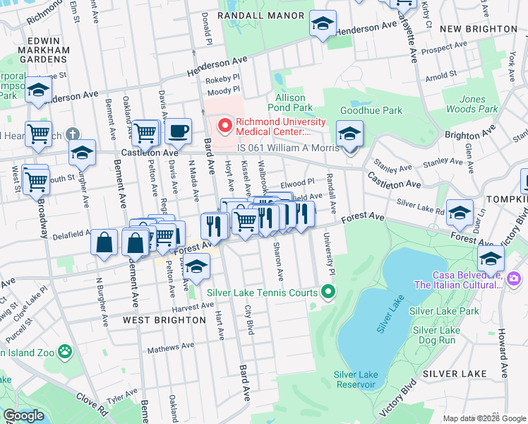 map of restaurants, bars, coffee shops, grocery stores, and more near 96 Walbrooke Avenue in Staten Island