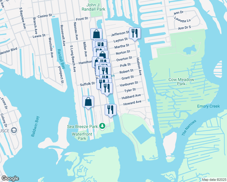 map of restaurants, bars, coffee shops, grocery stores, and more near 301 Woodcleft Avenue in Freeport