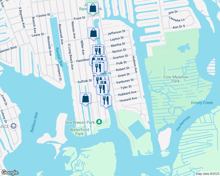 map of restaurants, bars, coffee shops, grocery stores, and more near 301 Woodcleft Avenue in Freeport