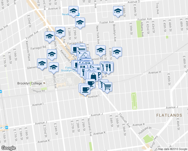map of restaurants, bars, coffee shops, grocery stores, and more near 793 East 32nd Street in Brooklyn