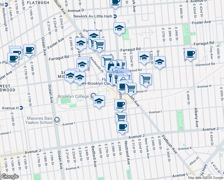 map of restaurants, bars, coffee shops, grocery stores, and more near 2901 Campus Road in Brooklyn
