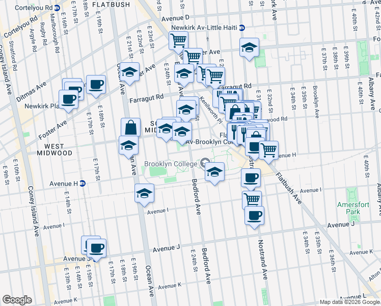 map of restaurants, bars, coffee shops, grocery stores, and more near 2900 Bedford Avenue in Brooklyn