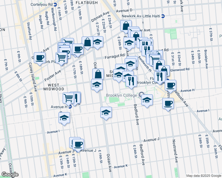 map of restaurants, bars, coffee shops, grocery stores, and more near 826 East 22nd Street in Brooklyn