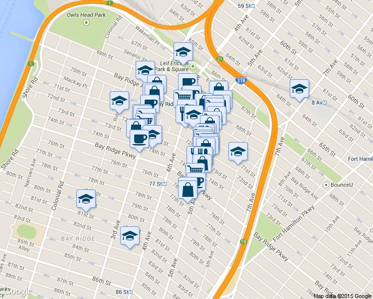 map of restaurants, bars, coffee shops, grocery stores, and more near 429 73rd Street in Brooklyn