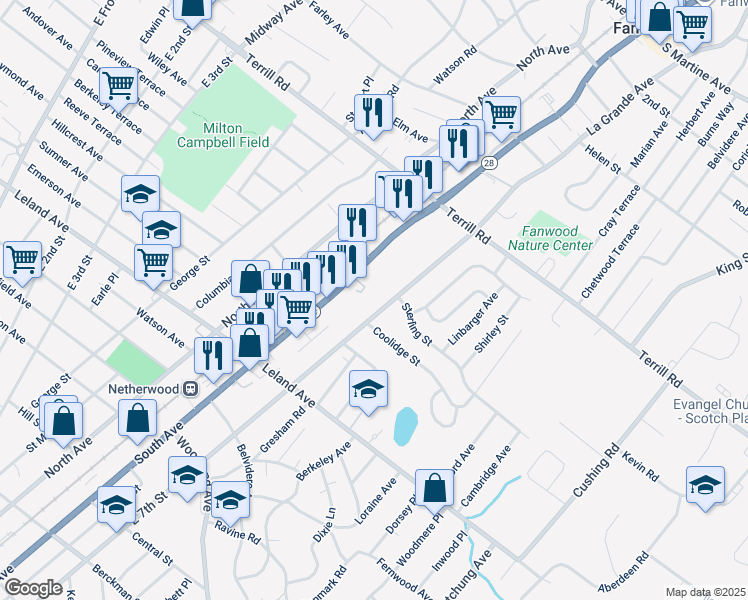 map of restaurants, bars, coffee shops, grocery stores, and more near 1339-41 East 7th Street in Plainfield