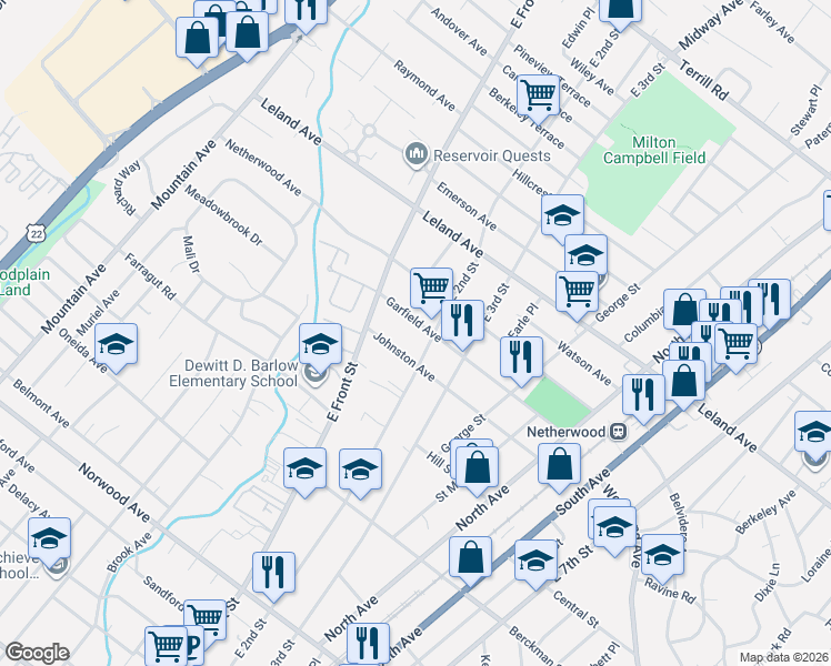 map of restaurants, bars, coffee shops, grocery stores, and more near 1000 East 2nd Street in Plainfield