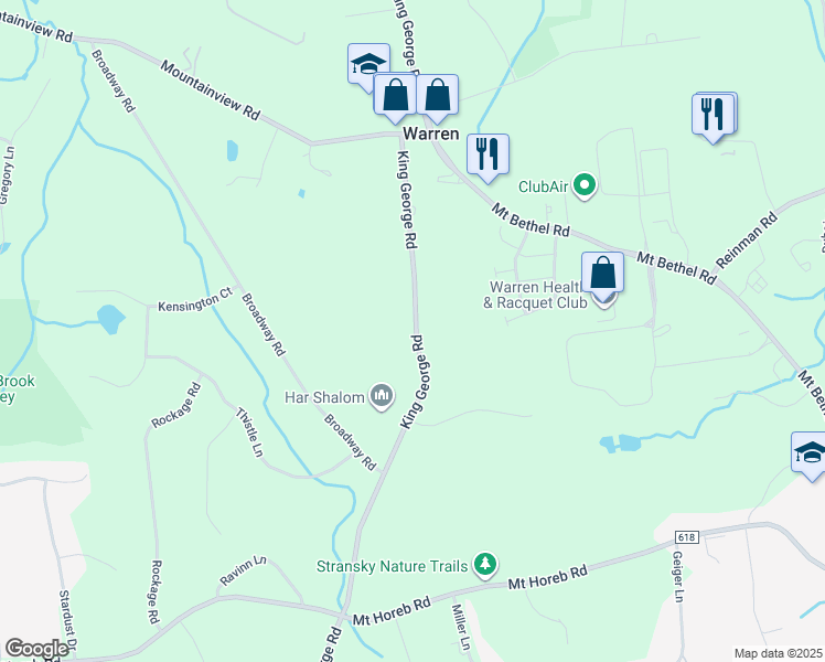 map of restaurants, bars, coffee shops, grocery stores, and more near 218-228 King George Road in Warren