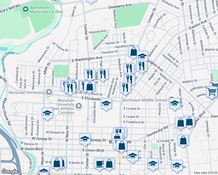 map of restaurants, bars, coffee shops, grocery stores, and more near 1343 Montrose Avenue in Bethlehem