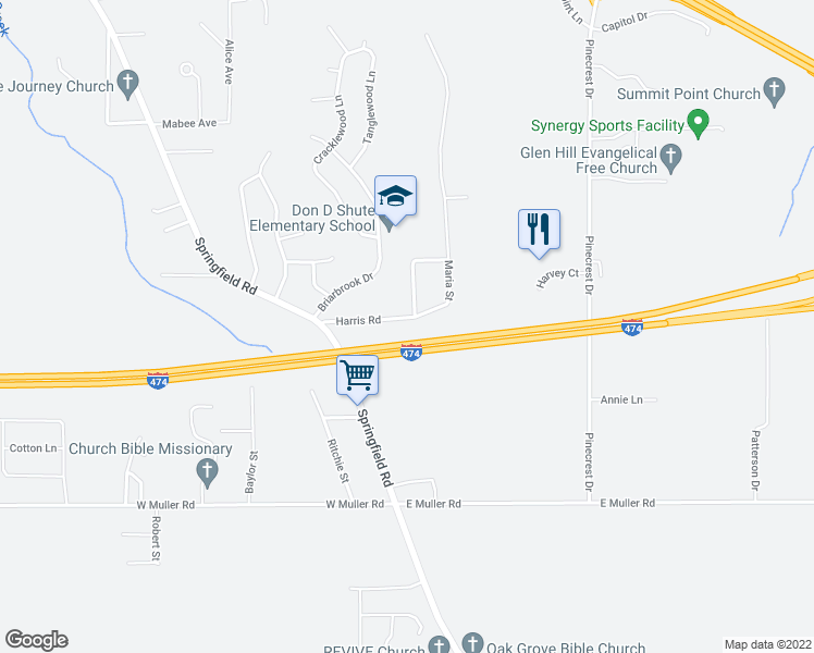 map of restaurants, bars, coffee shops, grocery stores, and more near 212 Harris Road in East Peoria