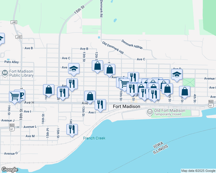 map of restaurants, bars, coffee shops, grocery stores, and more near 1000-1098 Ave F in Fort Madison