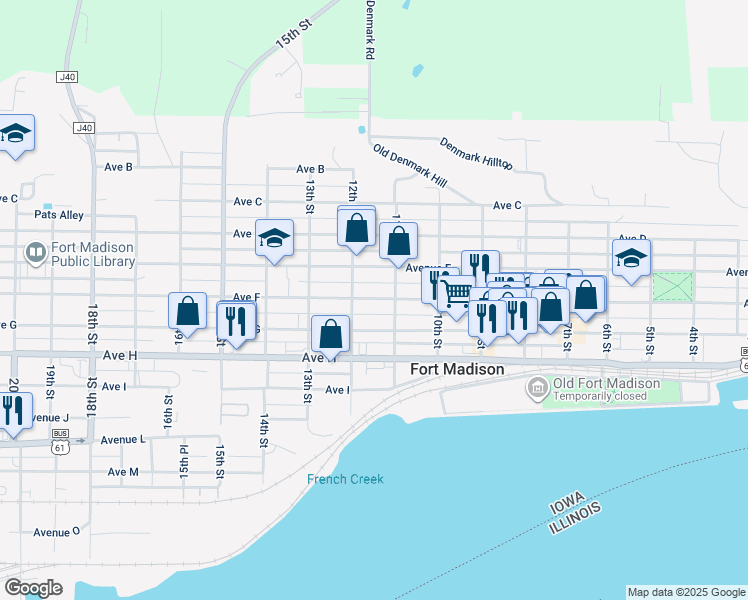 map of restaurants, bars, coffee shops, grocery stores, and more near 1128 Avenue F in Fort Madison
