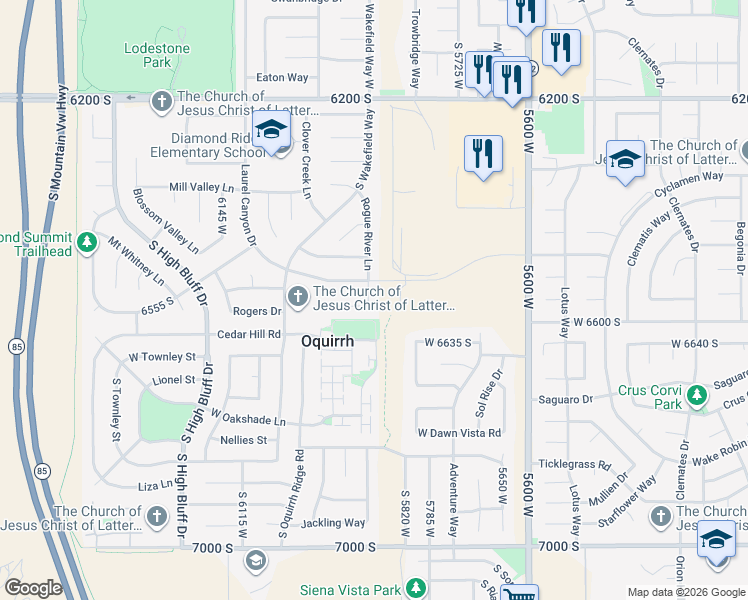 map of restaurants, bars, coffee shops, grocery stores, and more near 6553 Riverrock Place in West Valley City