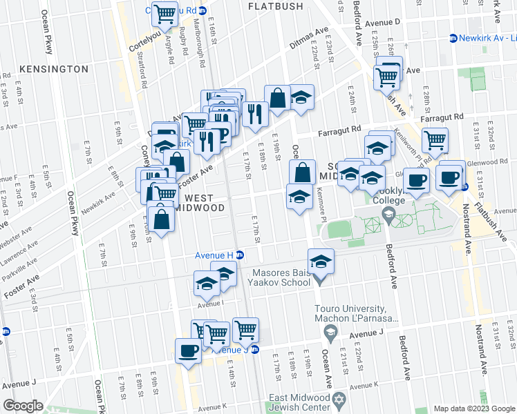 map of restaurants, bars, coffee shops, grocery stores, and more near 759 East 17th Street in Brooklyn