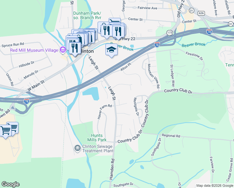 map of restaurants, bars, coffee shops, grocery stores, and more near 115 Leigh Street in Clinton